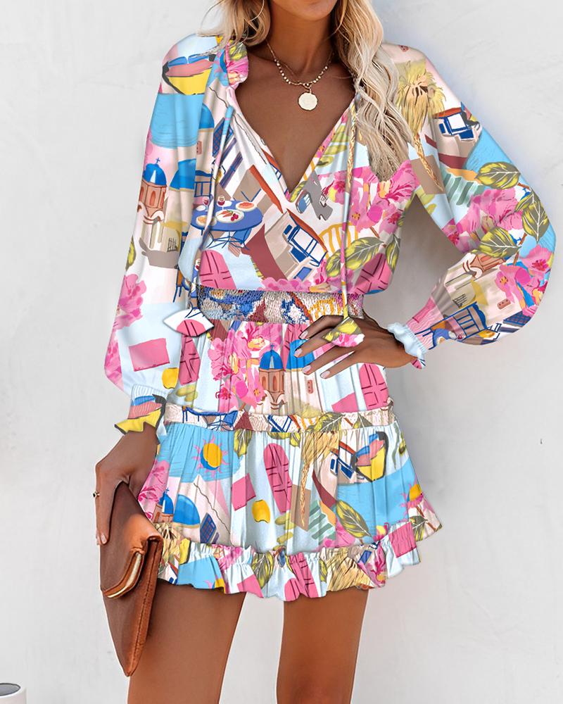 

Graphic Print Ruffle Hem Shirred Casual Dress, Multicolor