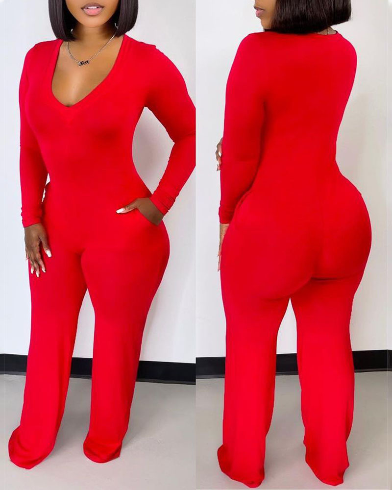 

Long Sleeve Plunge Pocket Detail Jumpsuit, Red