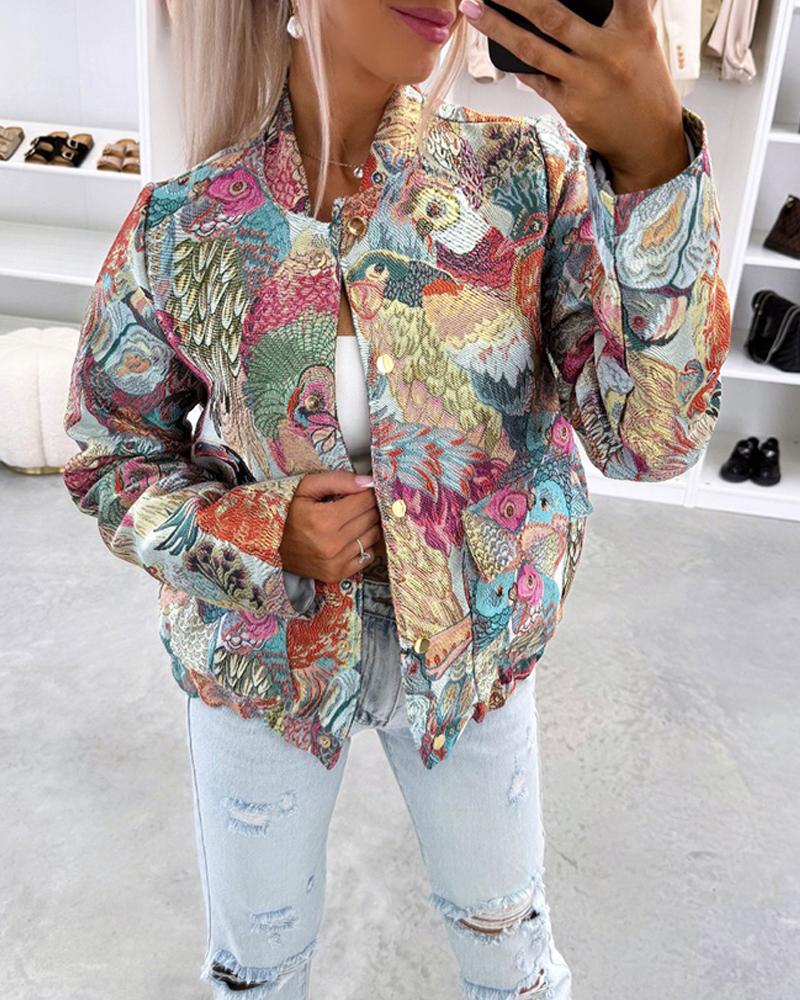

Jaqueta de beisebol de manga comprida com bordado jacquard, casual, folgada e curta, Multicolor