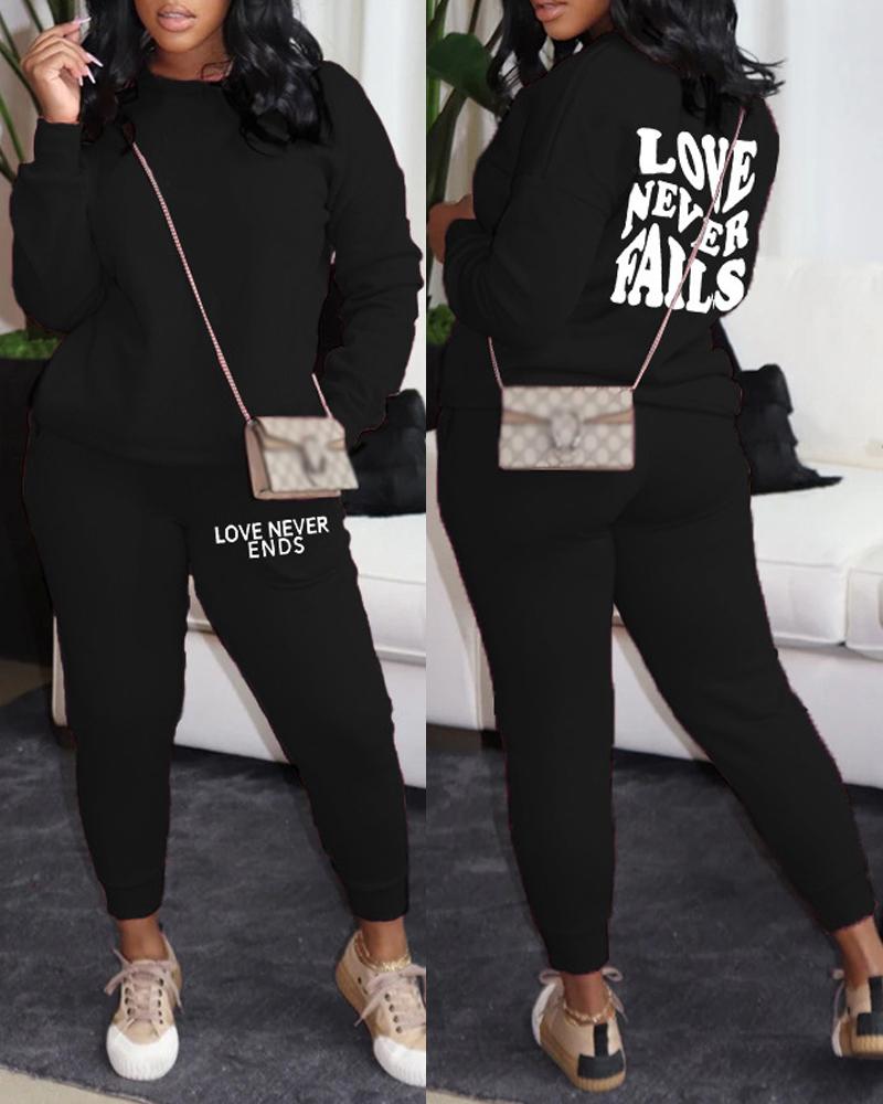 

Plus Size Letter Print Long Sleeve Top & Pants Set, Black