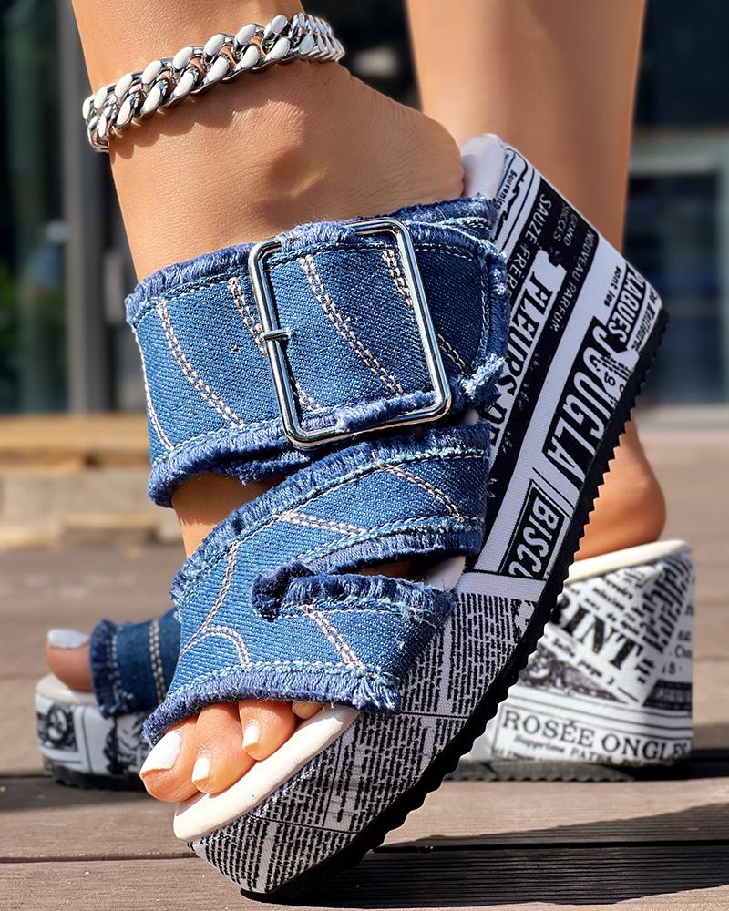 Newspaper Buckled Denim Wedge Slippers