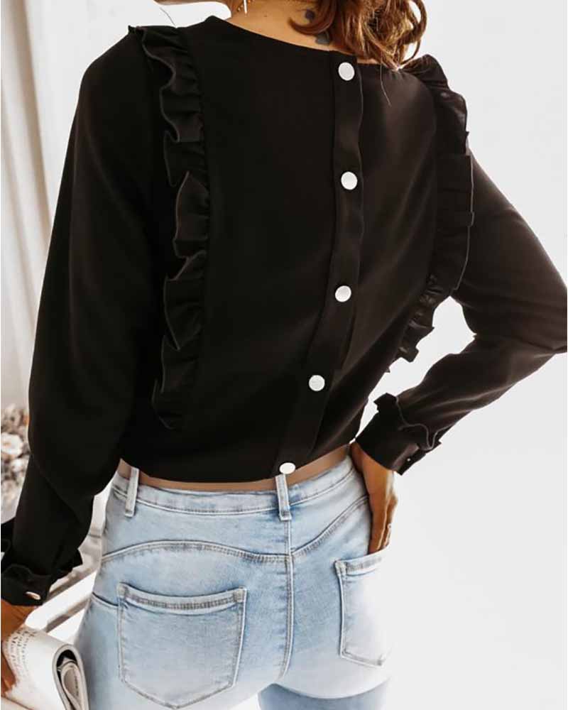 

Long Sleeve Button Decor Frill Hem Top, Black