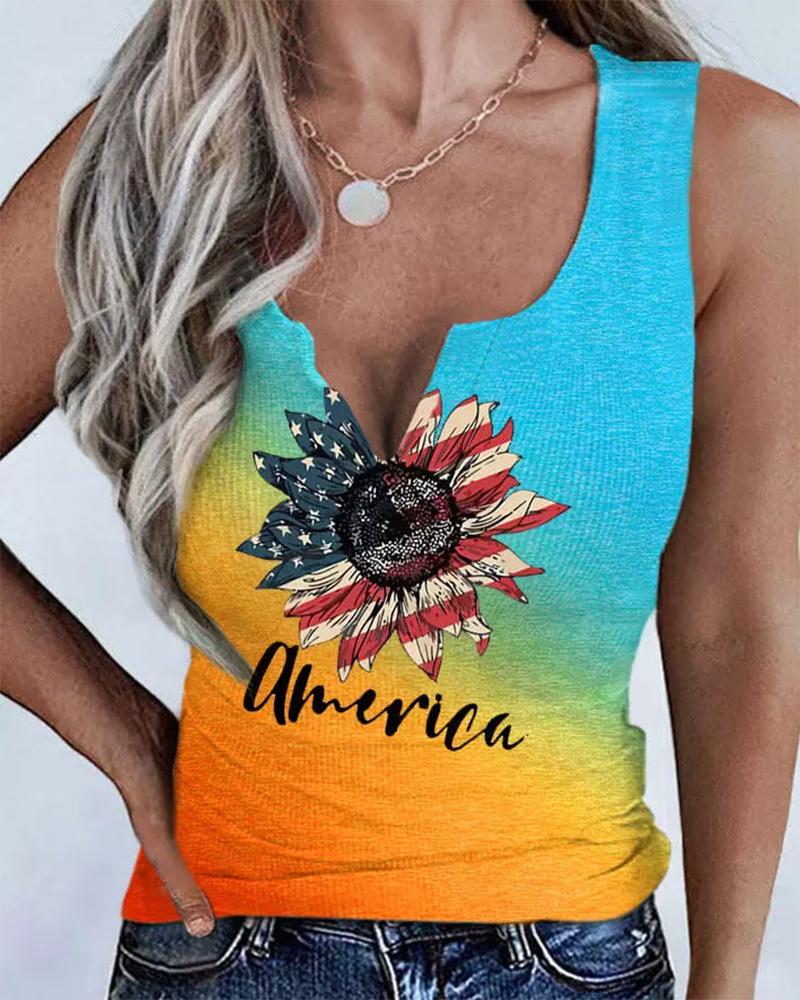 

Independence Day American Flag Sunflower Print Ombre Notch Neck Tank Top, Multicolor