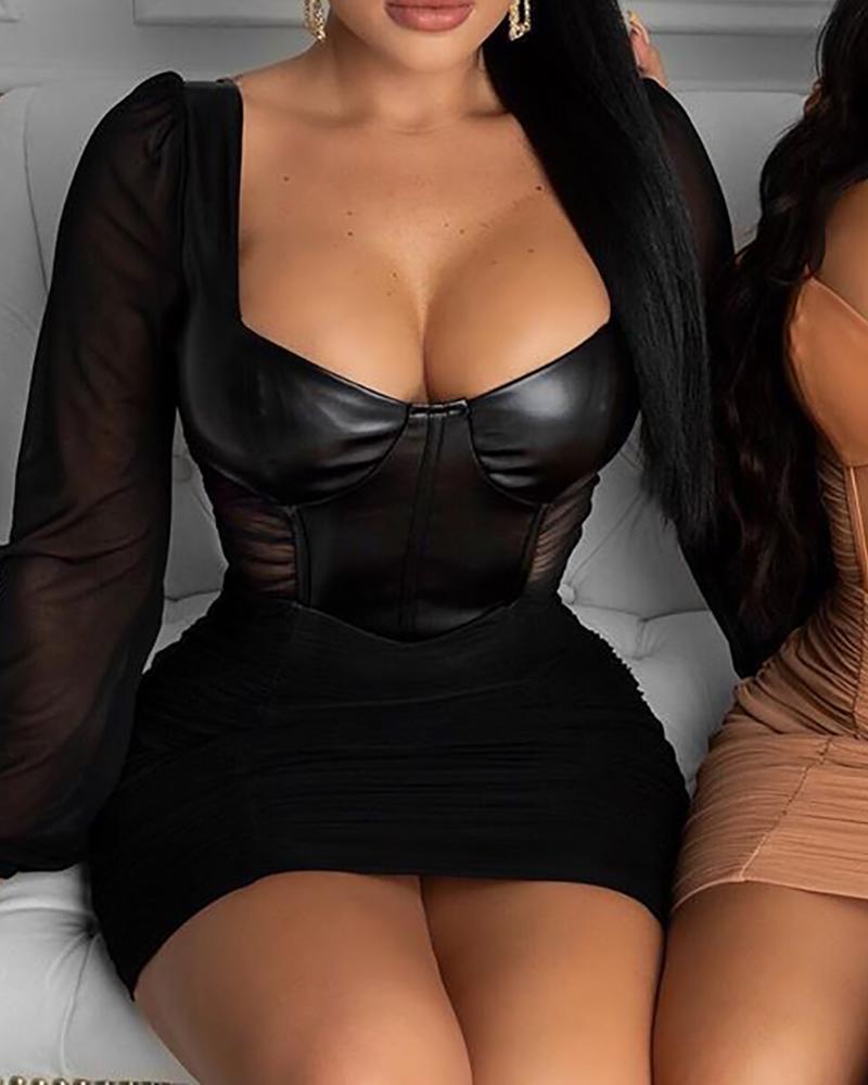 

Ruched PU Leather Mesh Bodycon Dress, Black