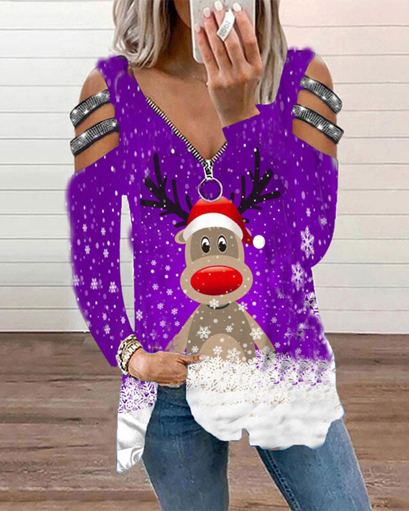 

Christmas Print Rhinestone Cold Shoulder Zip Front Top, Purple