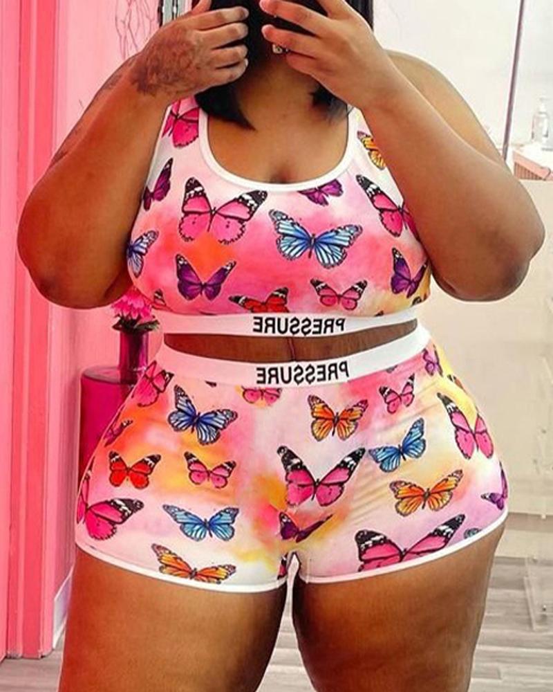 

Plus Size Butterfly Print Crop Top & Shorts Set, White