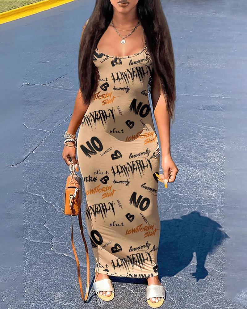 

Letter Heart Print Scoop Neck Sleeveless Bodycon Dress, Khaki
