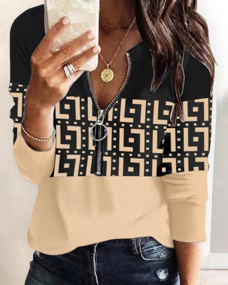 

Colorblock Geometric Print Long Sleeve Top, Khaki