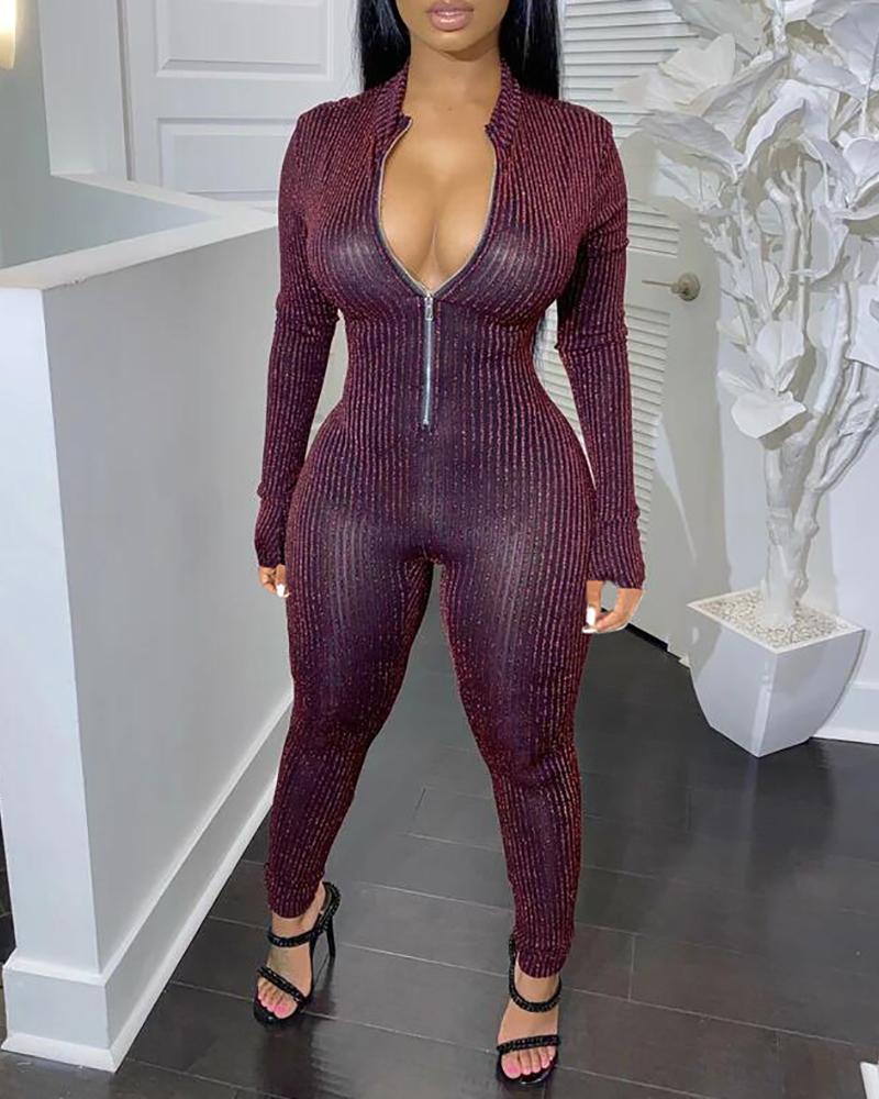 

Zip Front Glitter Sheer Mesh Long Sleeve Jumpsuit, Wine red