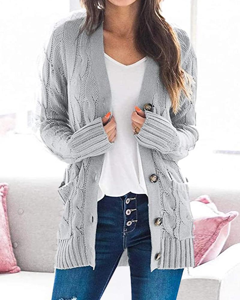 

Long Sleeve Button Front Cable Knit Cardigan, Gray
