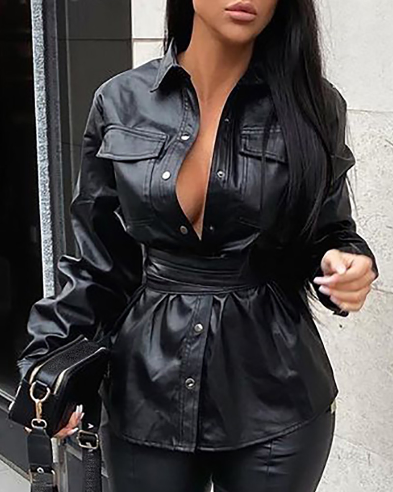 

PU Leather Long Sleeve Buttoned Top With Belt, Black
