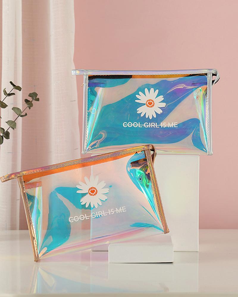 

Daisy Print Holographic Makeup Bag Portable Cosmetic Travel Pouch Waterproof Makeup Organizer, Orange