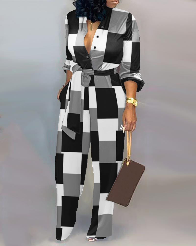 

Geometric Print Colorblock Buttoned Jumpsuit, Gray