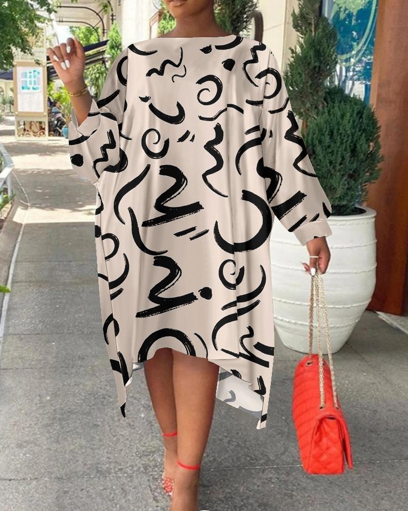 

Plus Size Abstract Print Batwing Sleeve Asymmetrical Dress, Apricot