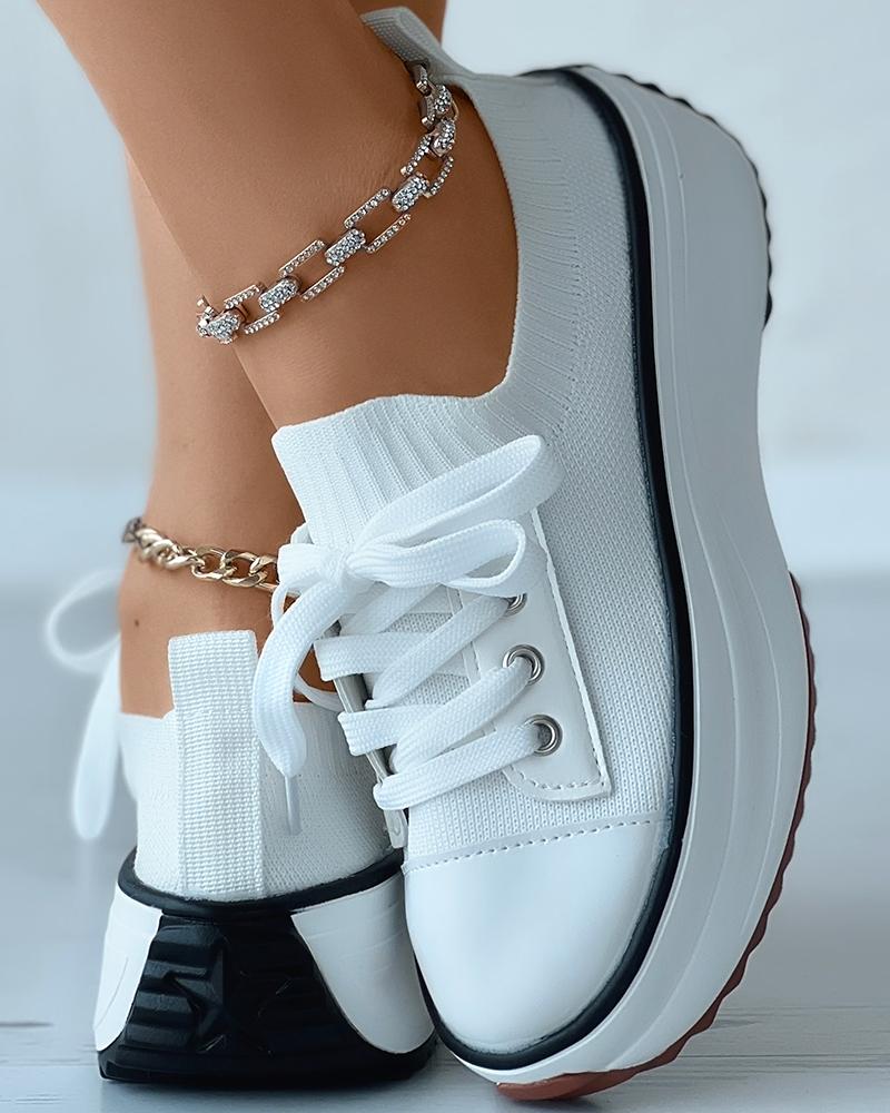 

Knit Lace-up Muffin Sneakers, White