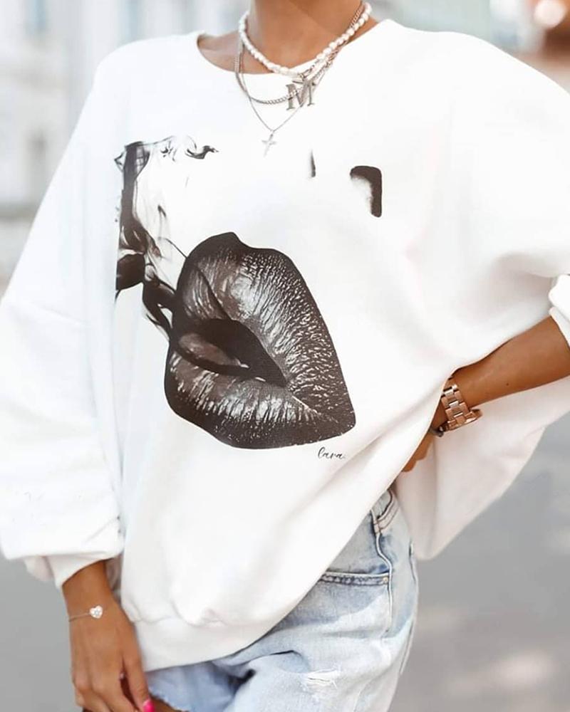 

Lip Print Long Sleeve Sweatshirt, White