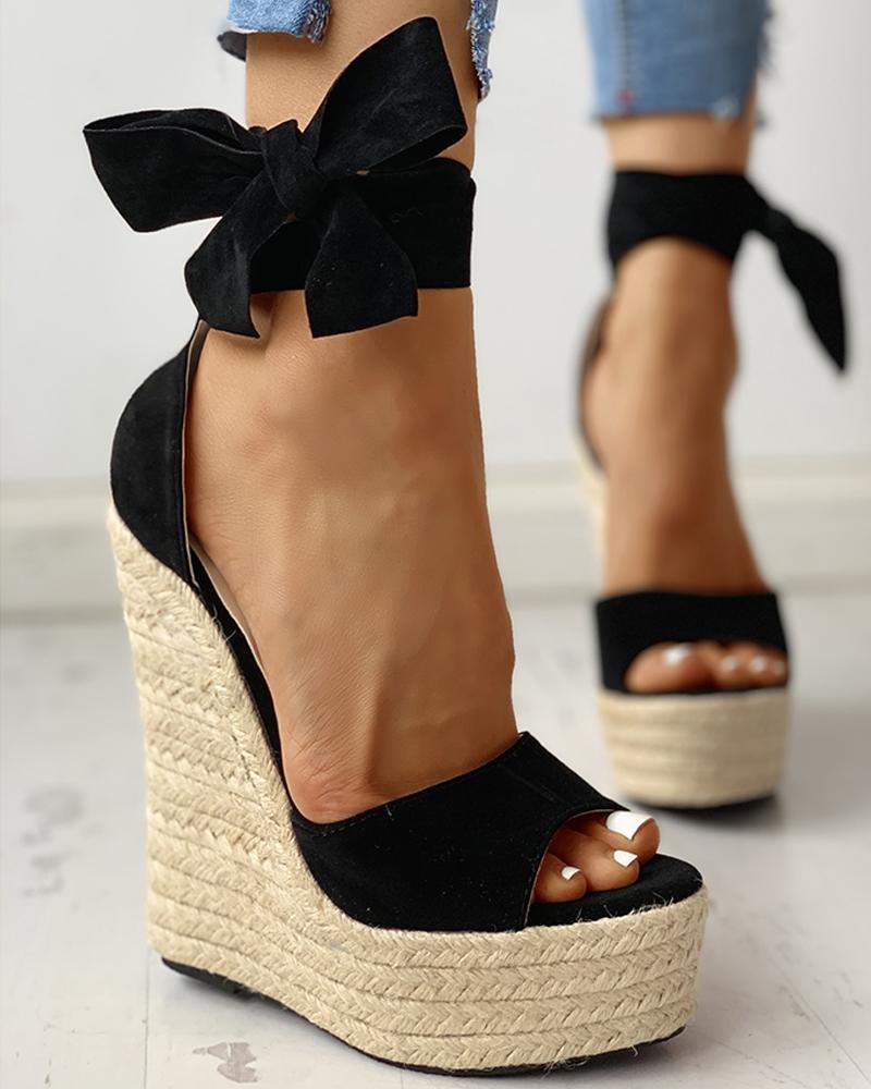 

Colorblock Bowknot Platform Espadrille Sandals, Black
