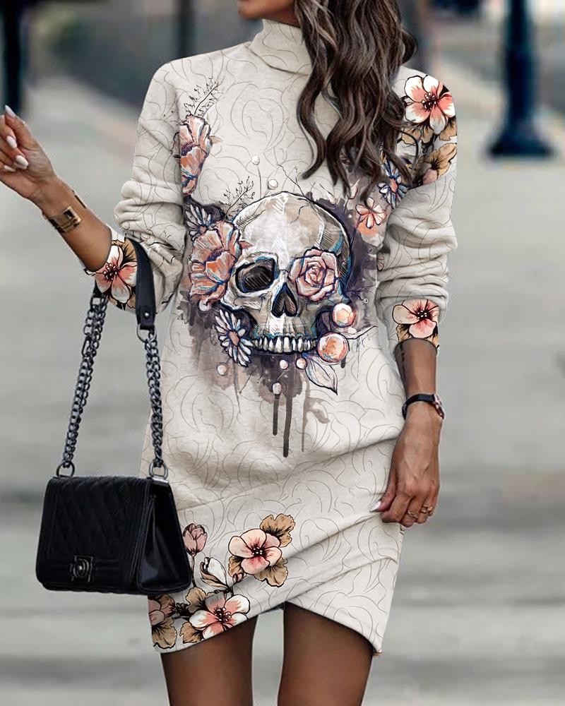 

Halloween Skull Floral Print High Neck Long Sleeve Dress, Multicolor