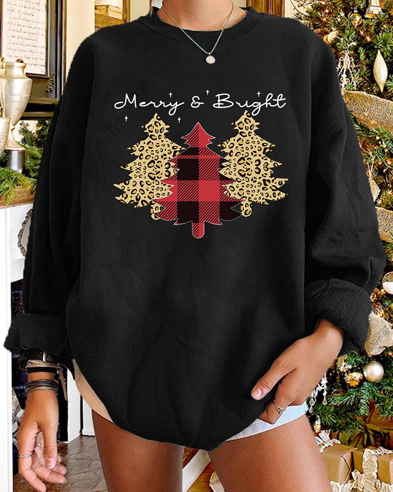 

Christmas Plaid Cheetah Letter Tree Print Long Sleeve Sweatshirt, Black