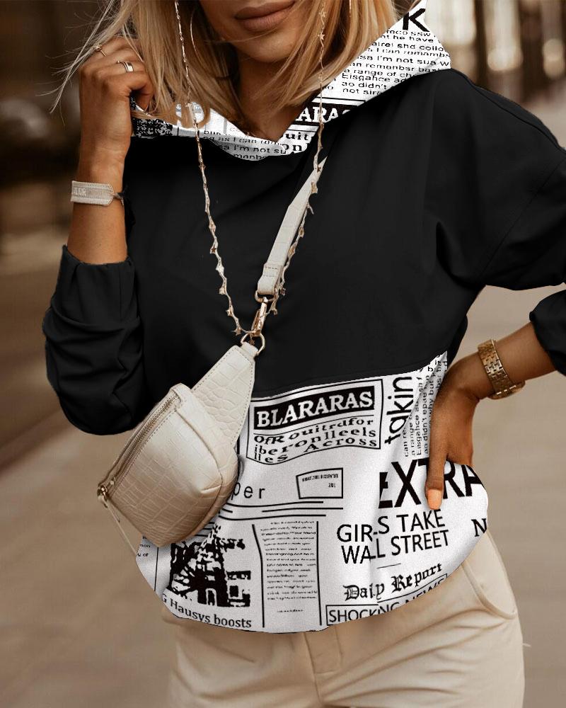 

RECYCLED Newspaper Colorblock Long Sleeve Hooded Sweatshirt, Black