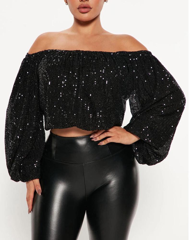 

Off Shoulder Lantern Sleeve Sequin Top, Black