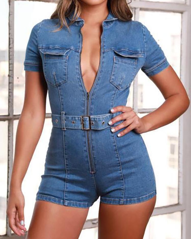 

Belted Zipper Front Denim Romper, Dark blue