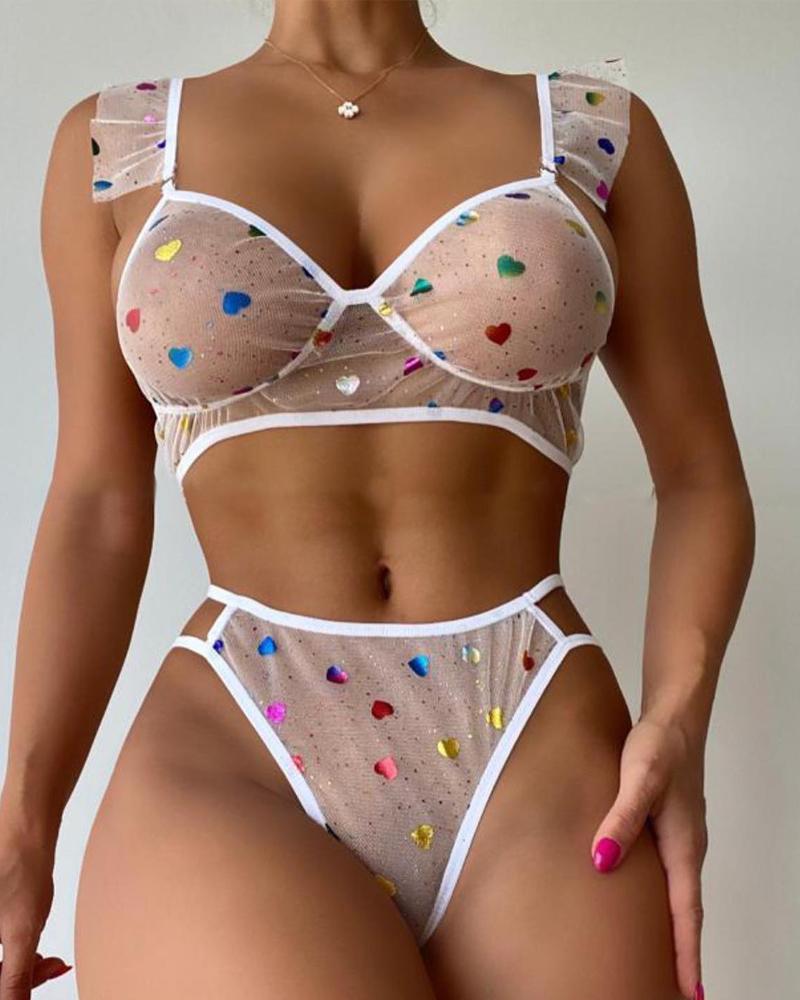 

Heart Print Glitter Sheer Mesh Lingerie Set, White