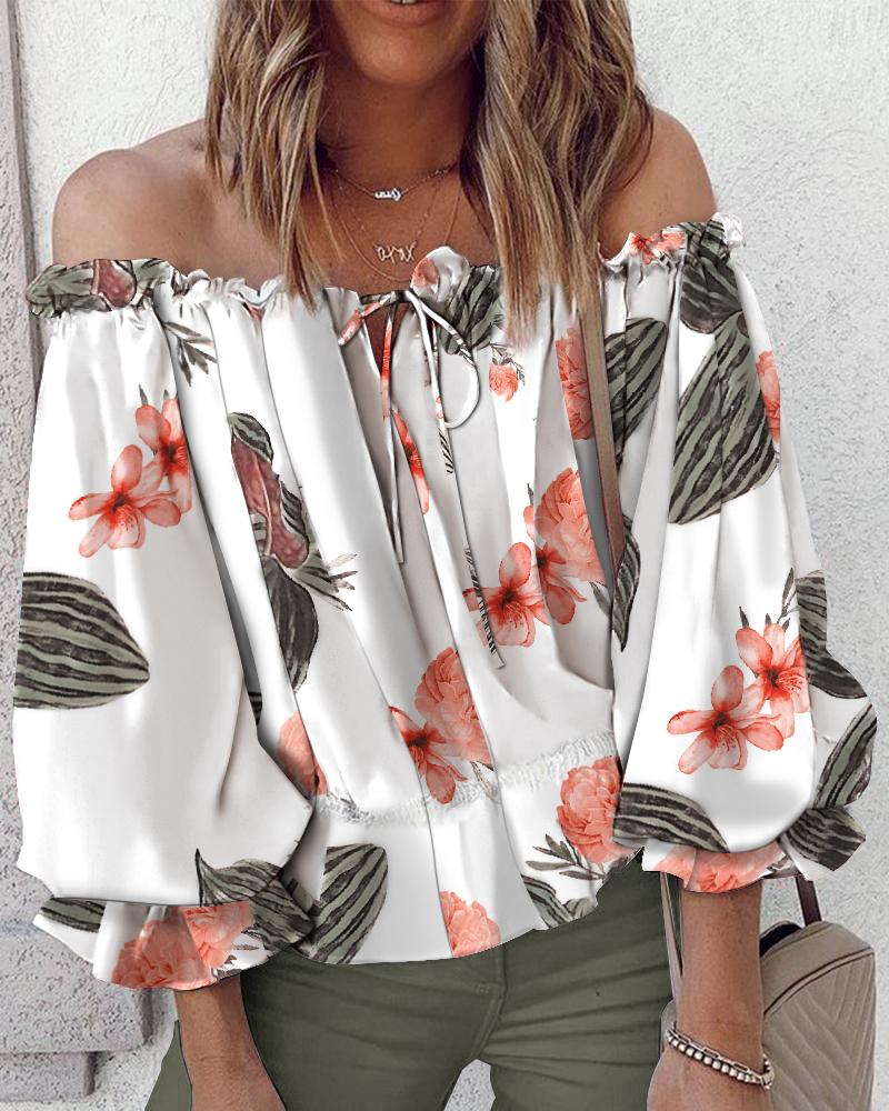 

Floral Print Off Shoulder Lantern Sleeve Top, White