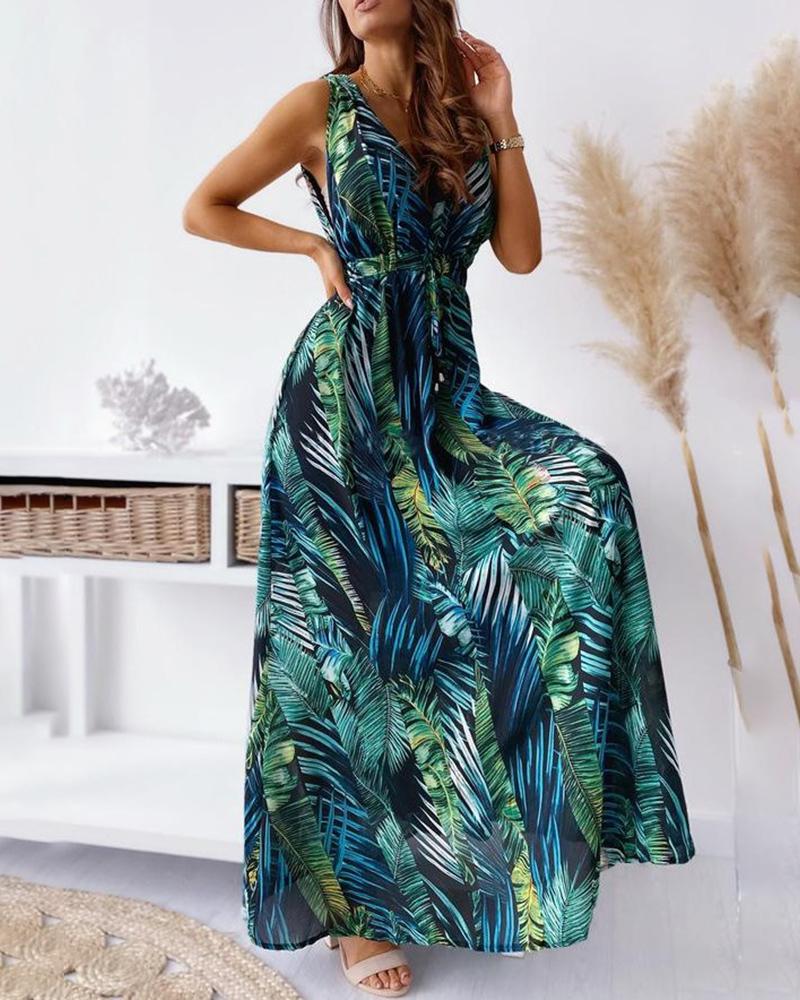 

Tropical Print Tied Detail Backless Maxi Dress, Green