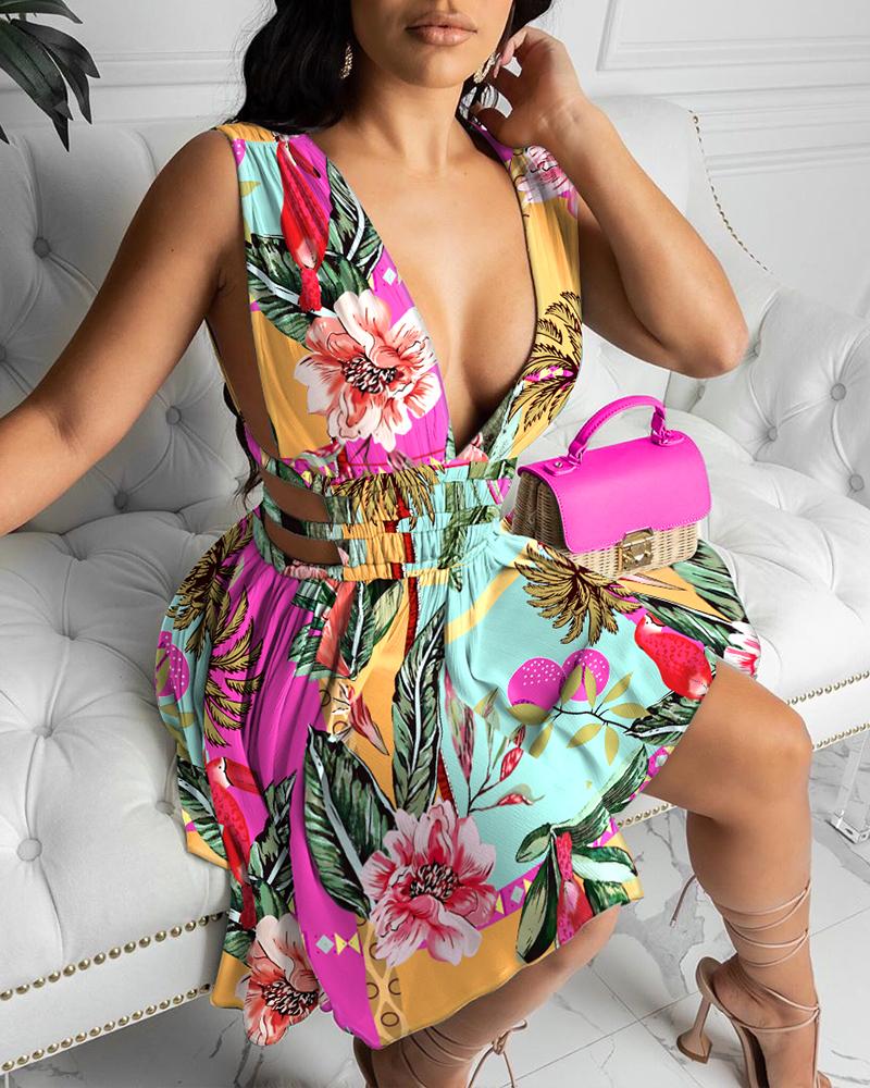 

Cutout Backless Deep V-Neck Tropical Print Dress, Multicolor