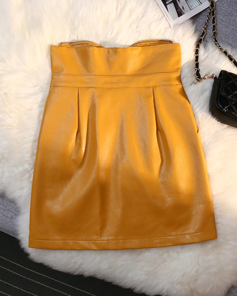 

High Waist PU Leather Zipper Design Skirt, Yellow