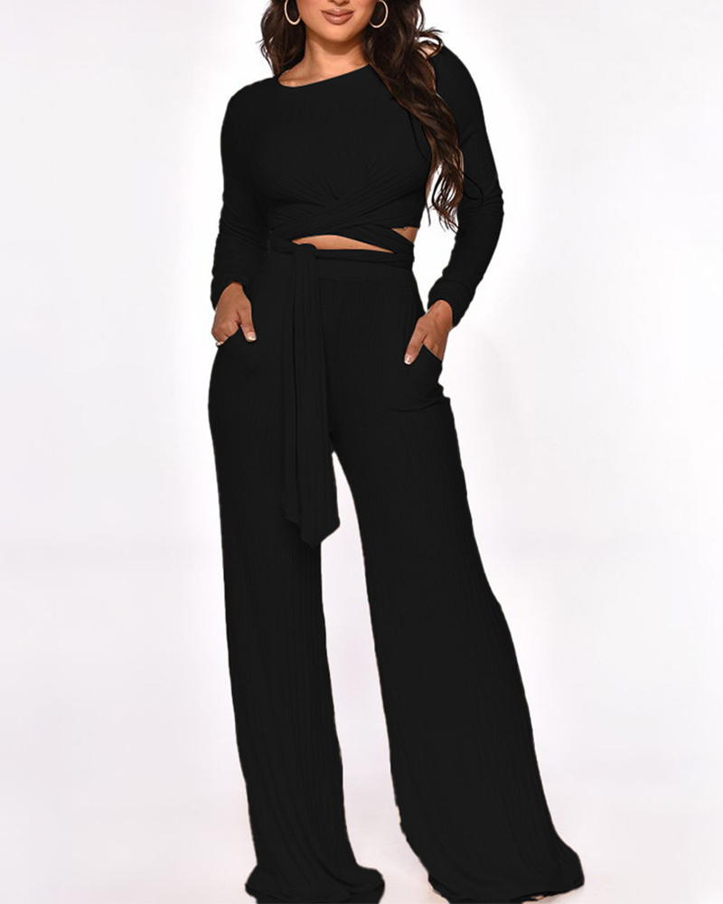 

Long Sleeve Tied Detail Crop Ribbed Top & Pants Set, Black