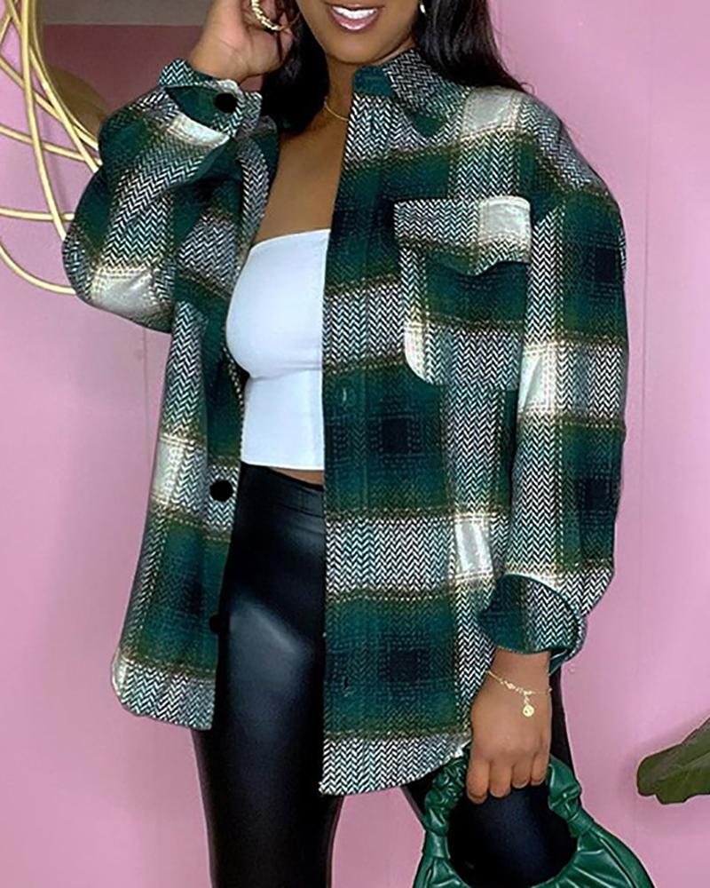 

Plaid Print Pocket Button Design Shacket, Green
