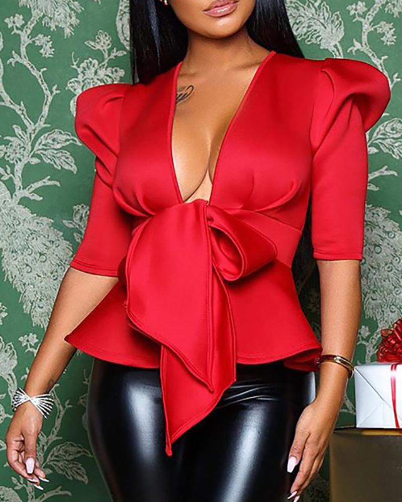 

Christmas Puff Sleeve Bowknot Design Plunge Top, Red