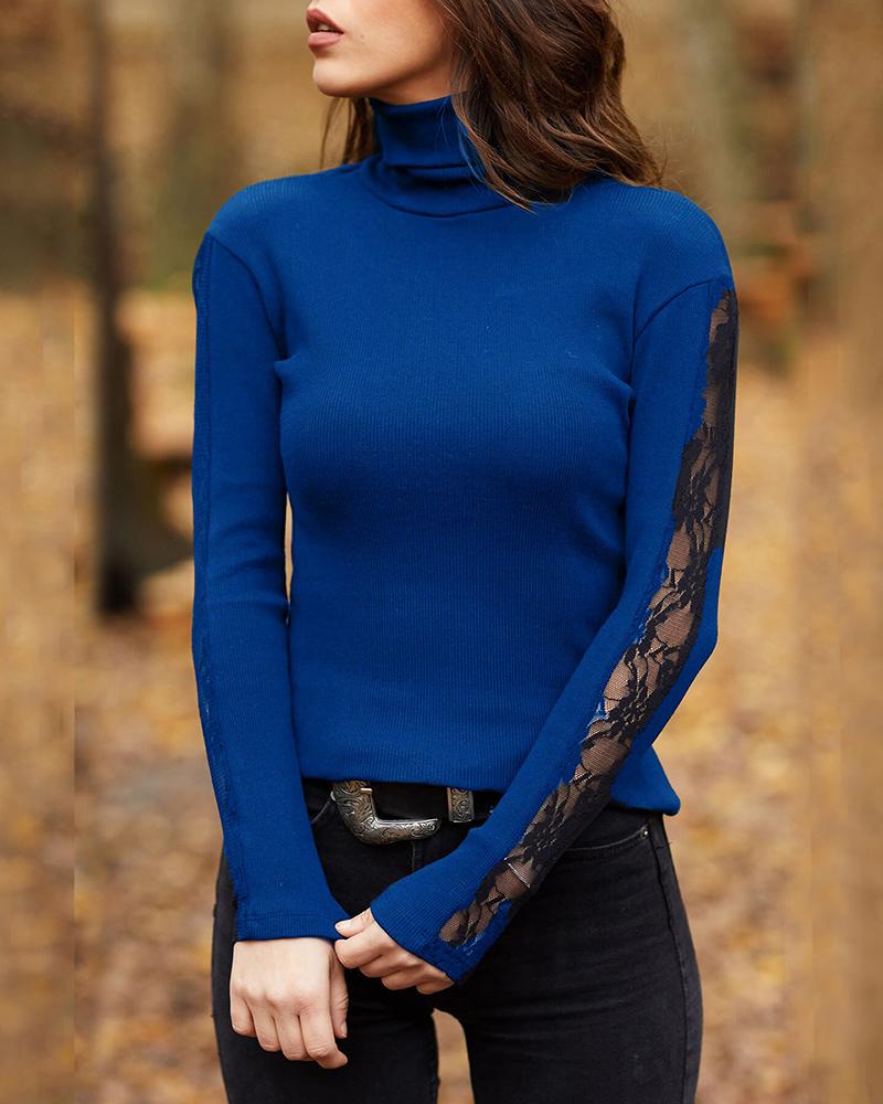 

Contrast Lace High Neck Long Sleeve Knit Top, Blue