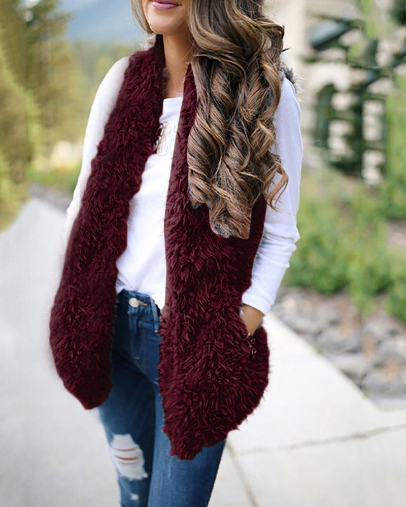 

Open Front Teddy Vest Coat, Wine red