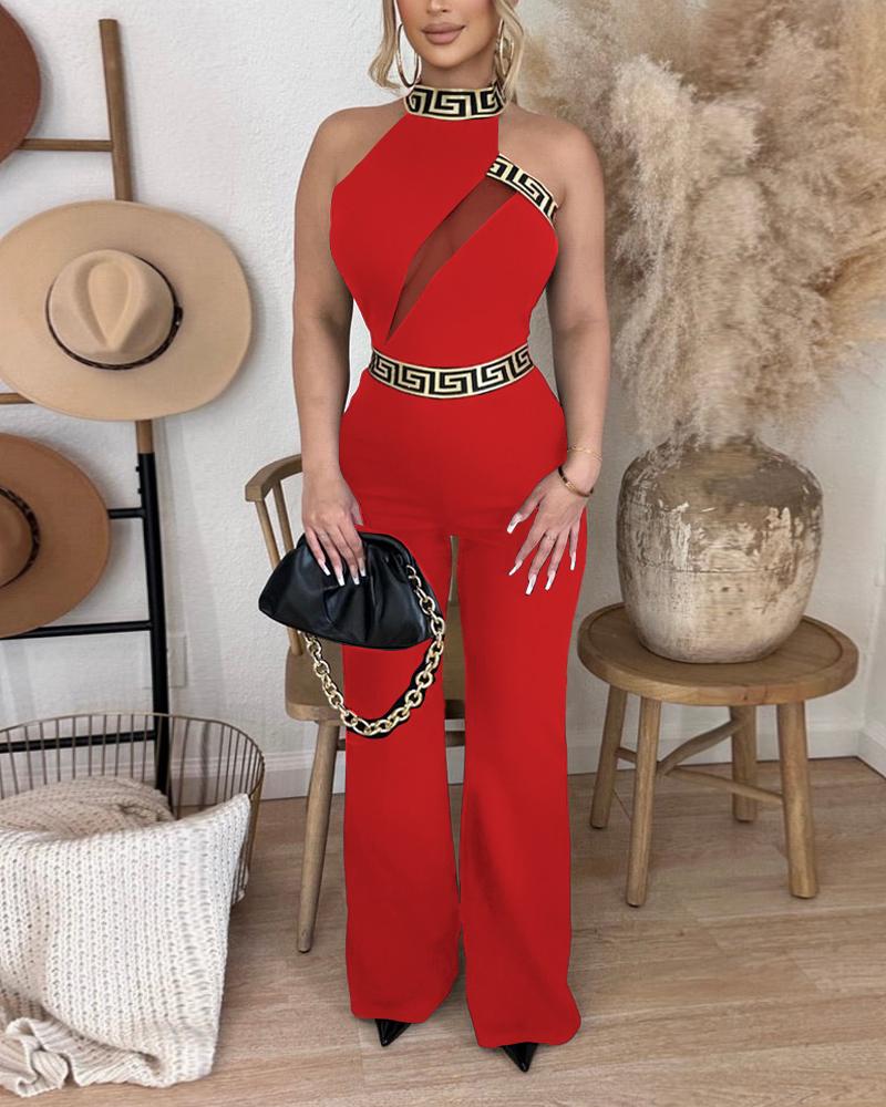 

Geo Print Tape Patch Sheer Mesh Jumpsuit, Red