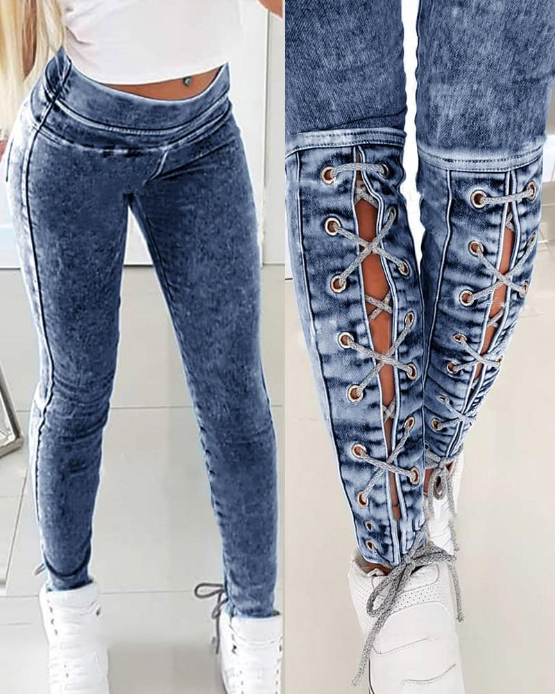 

Solid Color Lace-up Skinny Jeans, Lighted blue