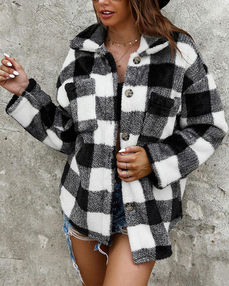 

Gingham Long Sleeve Button Down Teddy Coat, Gray