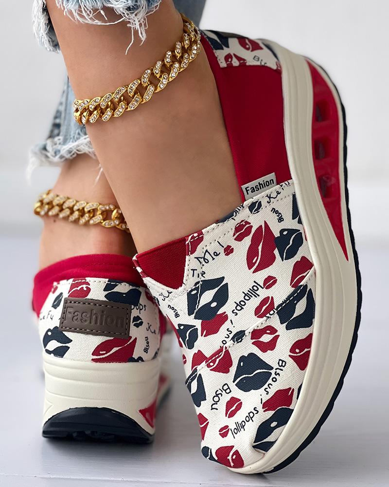 

Lip Letter Print Slip-on Sneakers, Red