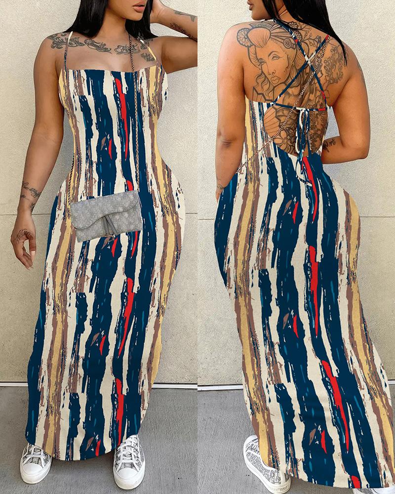 

Abstract Print Striped Backless Criss Cross Maxi Dress, Multicolor