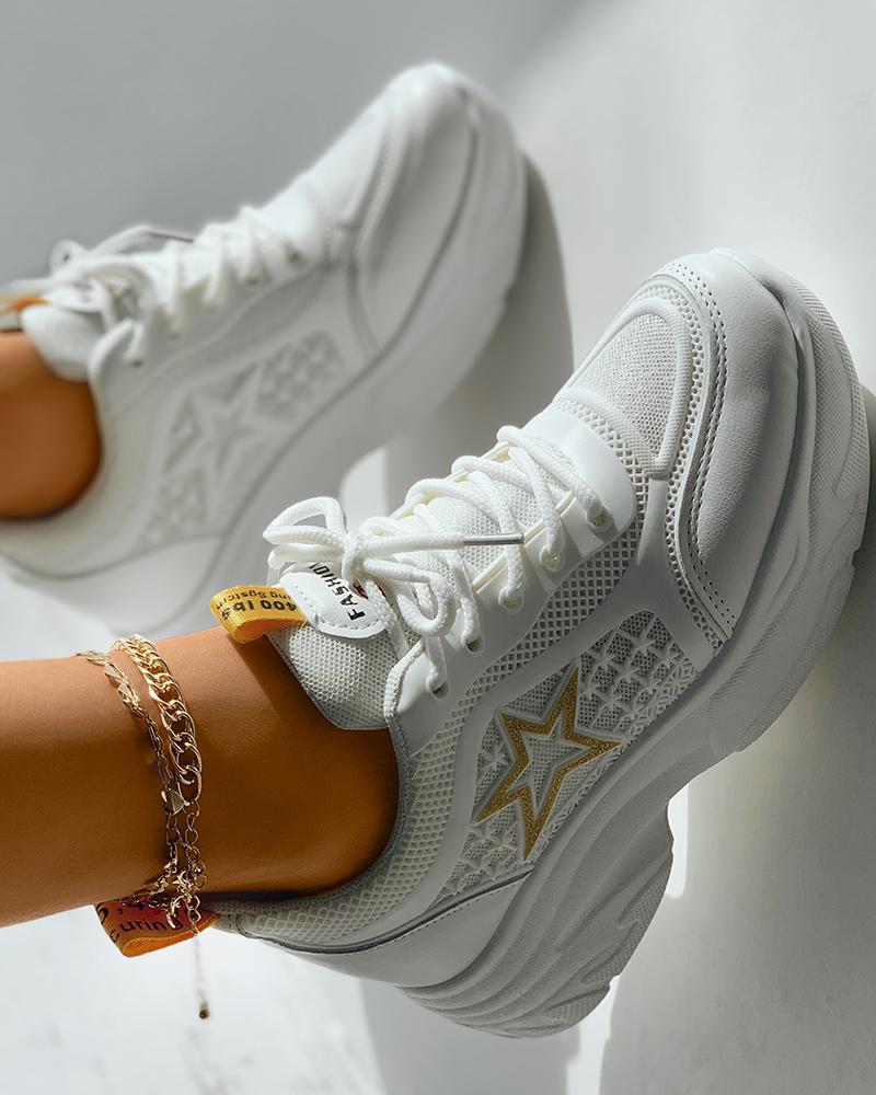 

Lace-up Front Star Pattern Platform Sneakers, Gold&white