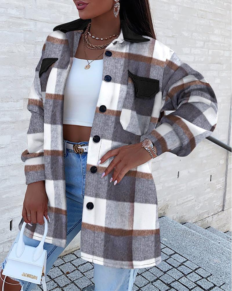 

Plaid Print PU Leather Patch Button Down Shacket, Gray