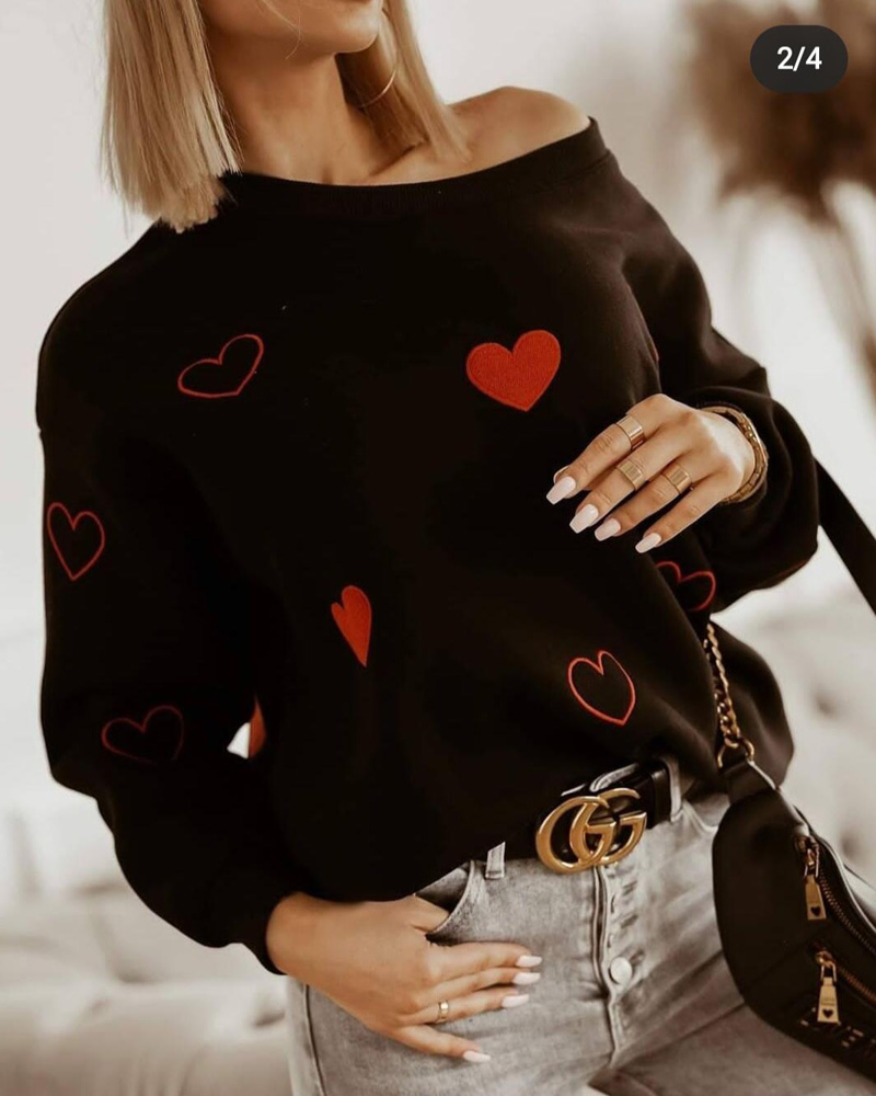 

Embroidery Heart Long Sleeve Sweatshirt, Black