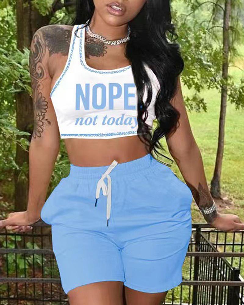 

Letter Print Crop Tank Top & Drawstring Shorts Set, Blue