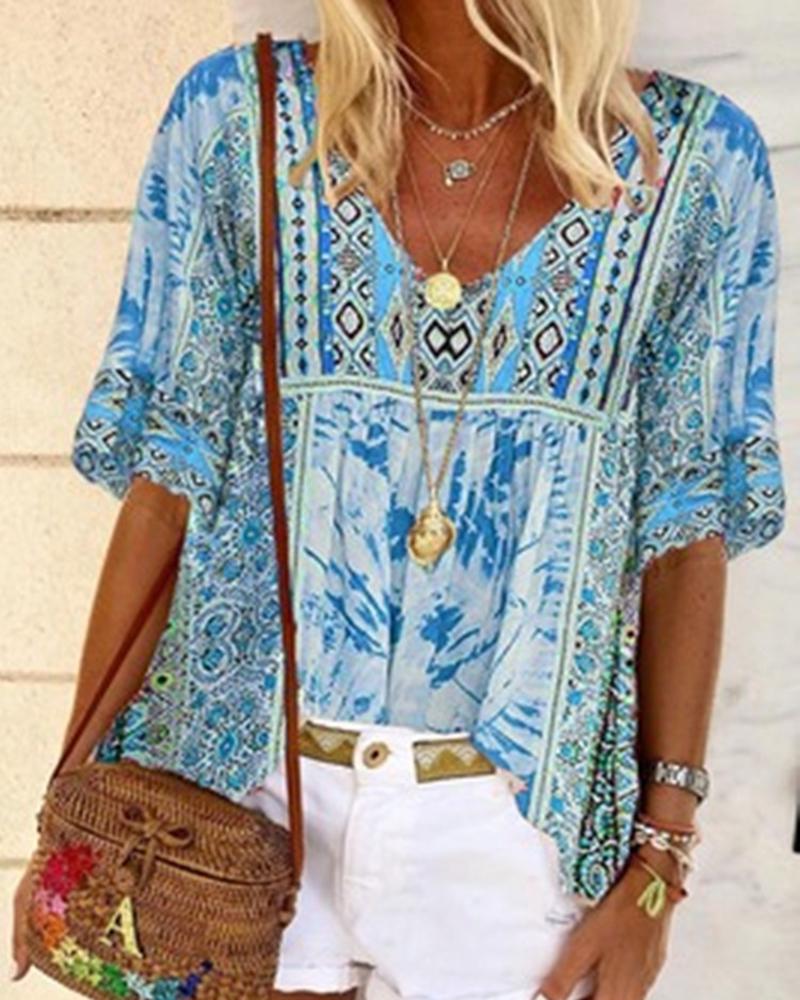 

Allover Tribal Print Half Sleeve T-shirt, Blue