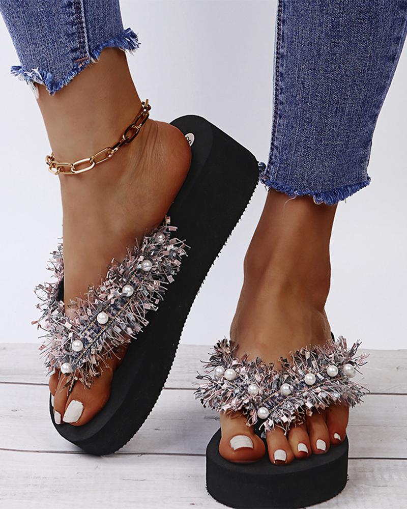 

Crystal Patch Platform Post Toe Sandals, Pink