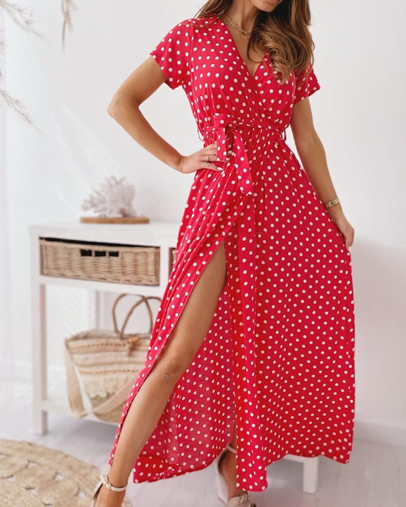 

Polka Dot Lace-up Short Sleeve Slit Maxi Dress, Red