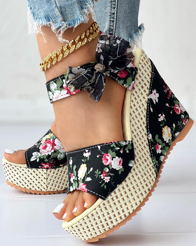 

Bowknot Design Platform Espadrille Wedge Sandals, Black