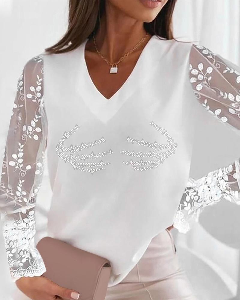 

Halloween Rhinestone Contrast Lace Long Sleeve Top, White